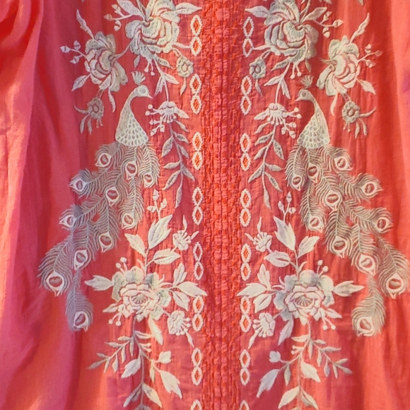 Johnny Was Embroidered Peacocks & Roses Coral Blouse - Picture 2 of 3